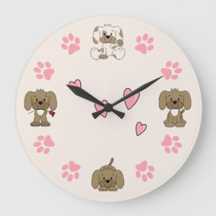 Grande Horloge Ronde Chiens cochons mignons, Empreintes de pattes roses