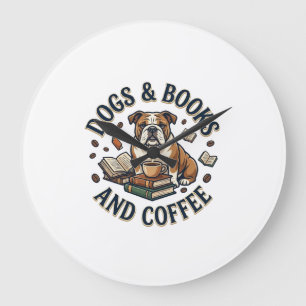 Grande Horloge Ronde Chiens Livres Café Bulldog Pile Tasse_1