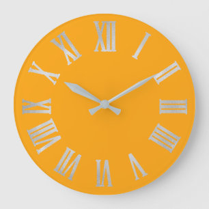 Grande Horloge Ronde Chiffre gris Jaune Argent Métallique Gris Romain