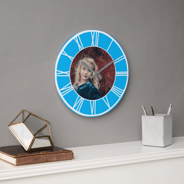 Grande Horloge Ronde Chiffre romain blanc Ciel bleu Ajouter photo rond (Bureau)