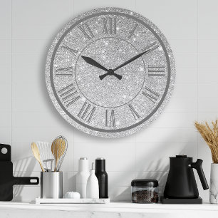 Grande Horloge Ronde Chiffre Romain Pailleté Argent Étincelant Féminin