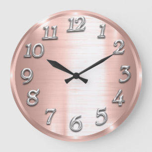 Grande Horloge Ronde Chiffres arabes métallurgiques Roses gris argent