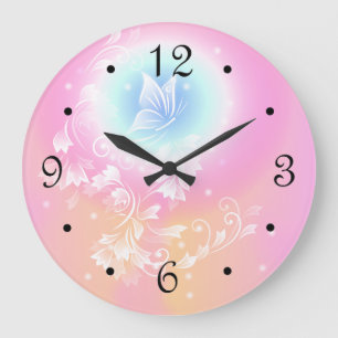Grande Horloge Ronde Chiffres de filles papillon rose