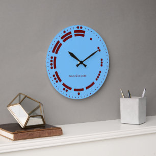Grande Horloge Ronde Chiffres Mayas Rouges et Bleus Anciens Art Minimal