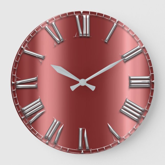 Grande Horloge Ronde Chiffres romains argentés rouges gris-bordeaux (Recto)