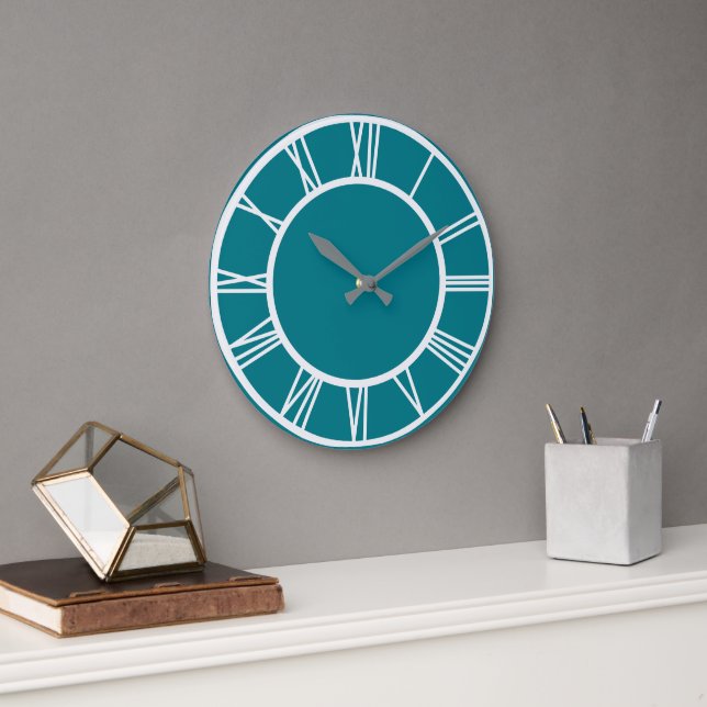 Grande Horloge Ronde Chiffres romains blancs Motif Turquoise Bleu rond (Bureau)