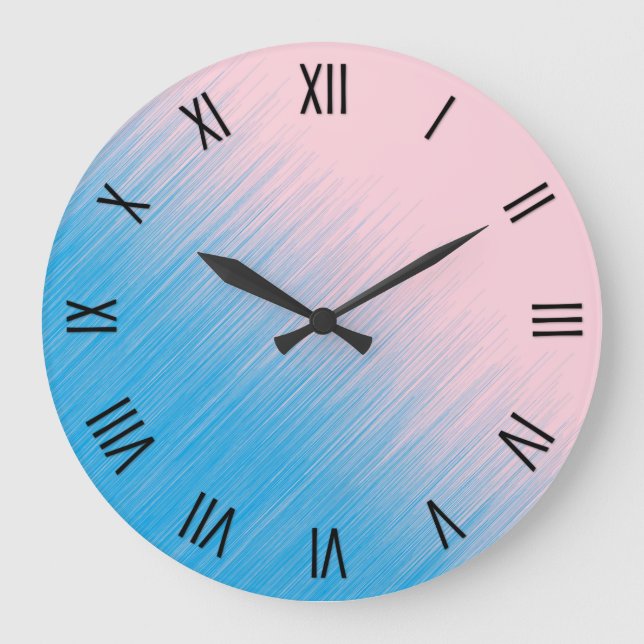 Grande Horloge Ronde Chiffres romains bleus sur fond rose (Recto)