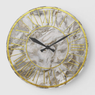 Grande Horloge Ronde Chiffres romains d'or de marbre blancs et Brown