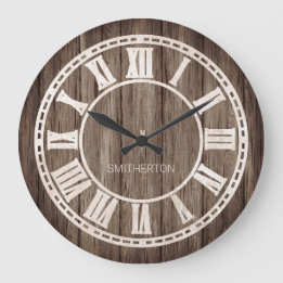 Grande Horloge Ronde Chiffres romains en bois rustique Nom de la maison