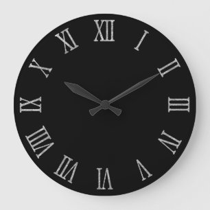 Grande Horloge Ronde Chiffres romains gras aspect paillettes argentées 