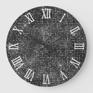 Grande Horloge Ronde Chiffres romains noir paillettes disco