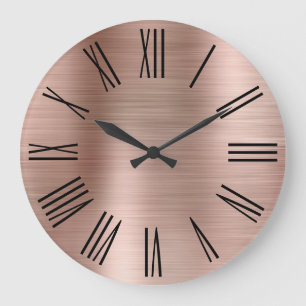 Grande Horloge Ronde Chiffres romains noirs en feuille d'or rose
