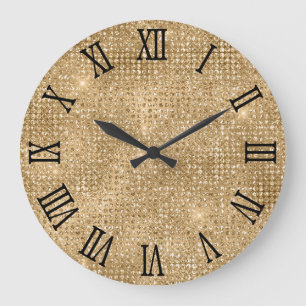 Grande Horloge Ronde Chiffres romains noirs Paillettes disco or