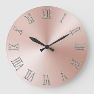 Grande Horloge Ronde Chiffres romains Paillettes Argent Ombré Rose Pâle