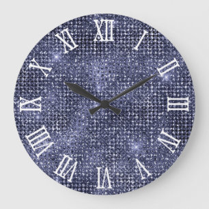 Grande Horloge Ronde Chiffres romains paillettes disco marine