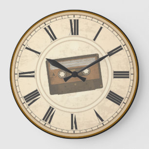 GRANDE HORLOGE RONDE CHIFFRES ROMAINS RUSTIQUES BANDE CASSETTE UNIQUE