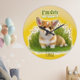 Grande Horloge Ronde Chiot de Corgi sur l'herbe | Je suis mignonne