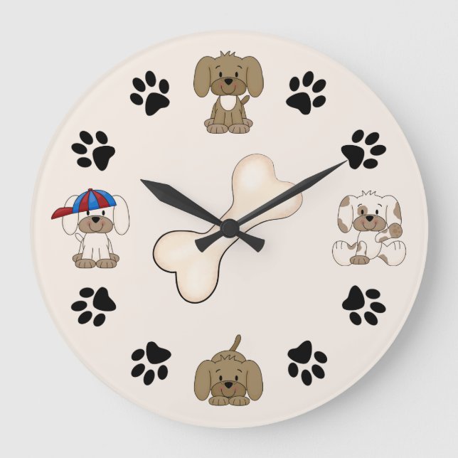 Grande Horloge Ronde Chiot, empreintes de pattes et garçons mignons (Recto)