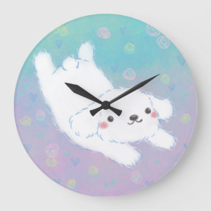 Grande Horloge Ronde Chiot Mignon avec Fleurs Pastel