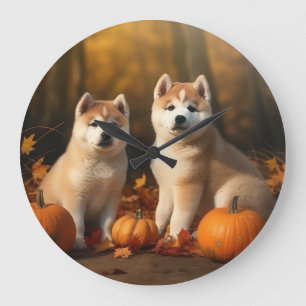Grande Horloge Ronde Chiots Akita Automne Délice Citrouille