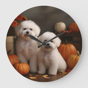 Grande Horloge Ronde Chiots Bichon Frise Délice d'Automne Citrouille 