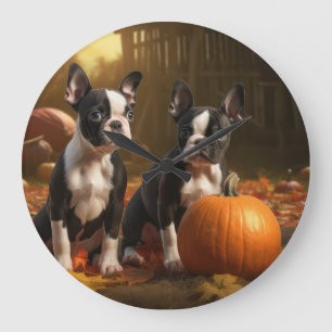 Grande Horloge Ronde Chiots Boston Terrier Automne Délice Citrouille