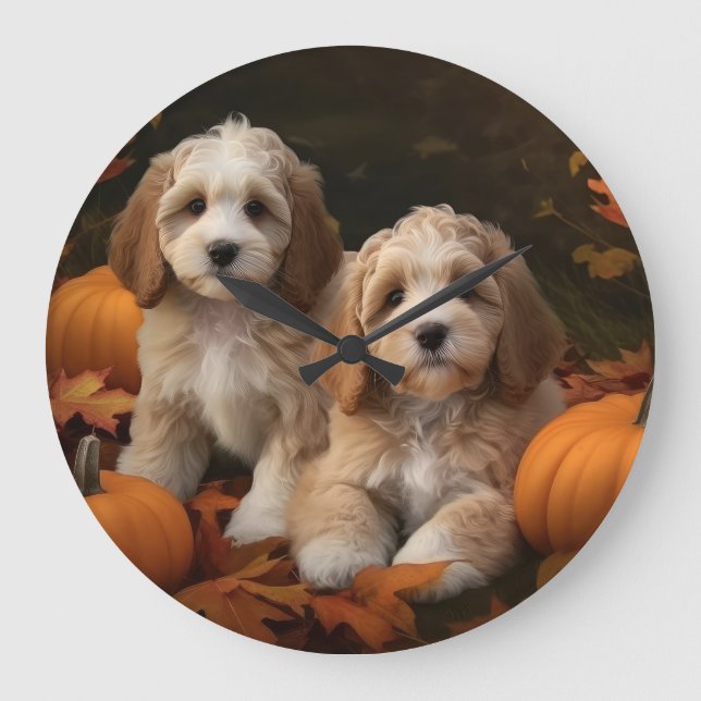 Grande Horloge Ronde Chiots Cockapoo Délice d'Automne Citrouille  (Recto)