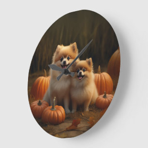 Grande Horloge Ronde Chiots Poméranie Joie d'Automne Citrouille