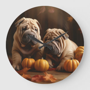 Grande Horloge Ronde Chiots Shar Pei Automne Délice Citrouille
