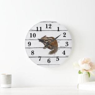 Grande Horloge Ronde Chipmunk Woodland Animal Peinture Shiplap
