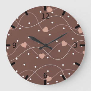 Grande Horloge Ronde Chocolat Brown avec Coeurs roses Motif