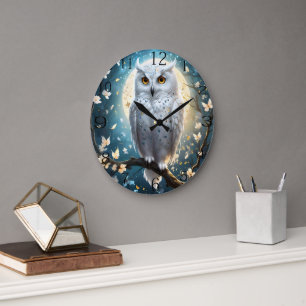 Grande Horloge Ronde Chouette À Neige Et Lune Avec Étincelle,