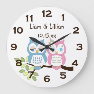 Grande Horloge Ronde Chouette Bleue Bleue Bleu Bleu Bleu Mignonne Horlo