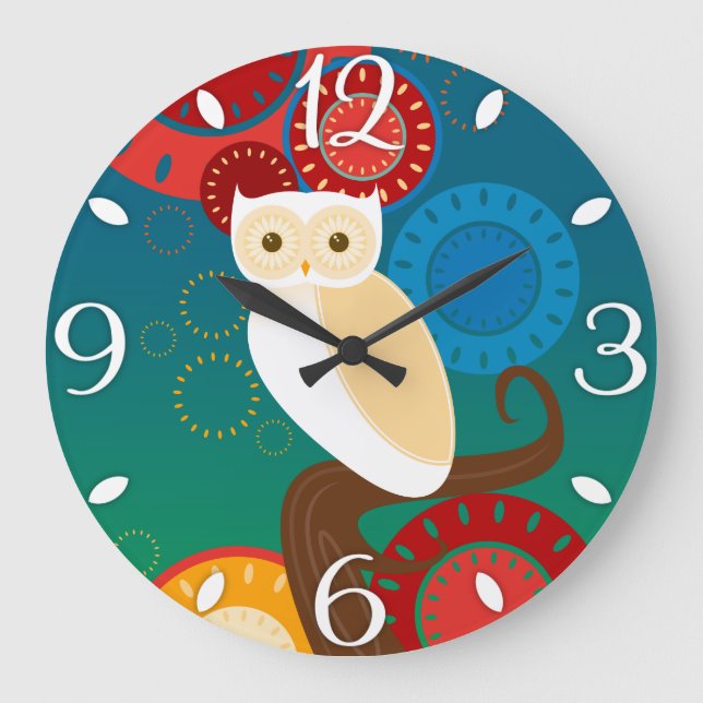 Grande Horloge Ronde Chouette couchée de soleil bleue (Recto)
