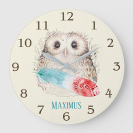 Grande Horloge Ronde Chouette d'aquarelle en Whimsical Plumes Turquoise
