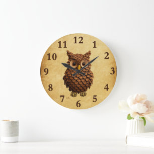 Grande Horloge Ronde Chouette du cône de pin