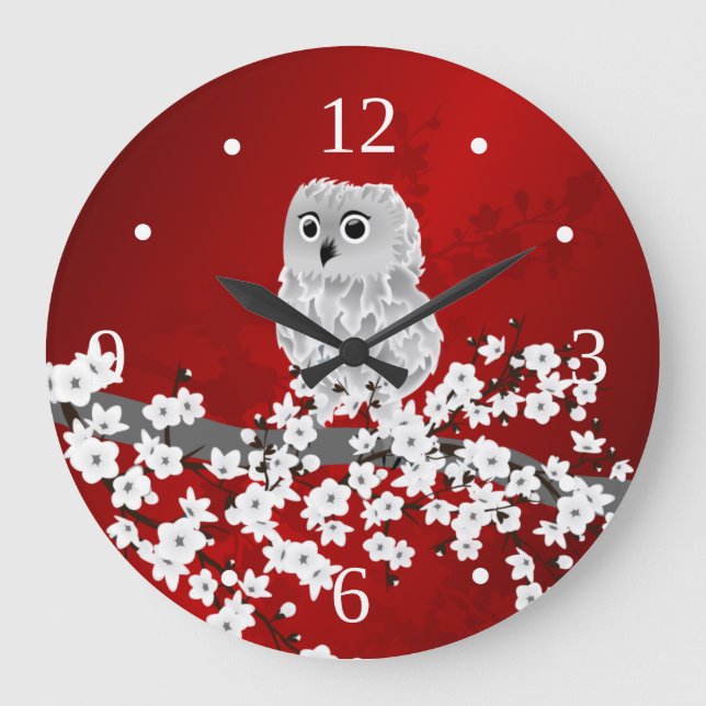 Grande Horloge Ronde Chouette mignonne Cerisier Fleur Rouge Noir Blanc  (Recto)