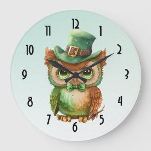 Grande Horloge Ronde Chouette mignonne dans un chapeau vert