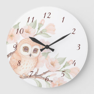 Grande Horloge Ronde Chouette mignonne et fleurs de cerisiers