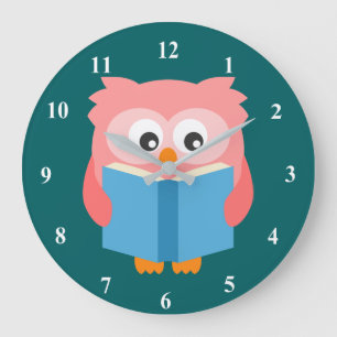 Grande Horloge Ronde Chouette rose lisant mignonne