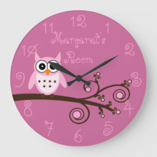 Grande Horloge Ronde Chouette rose mignonne chambre de fille personnali