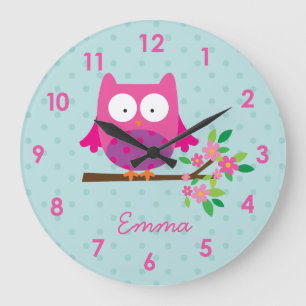 Grande Horloge Ronde Chouette rose sur une serrure murale personnalisée