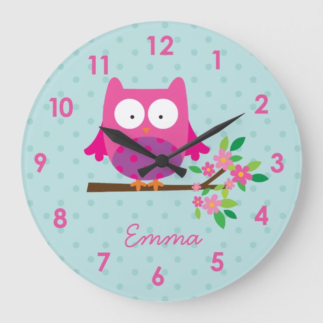 Grande Horloge Ronde Chouette rose sur une serrure murale personnalisée (Recto)