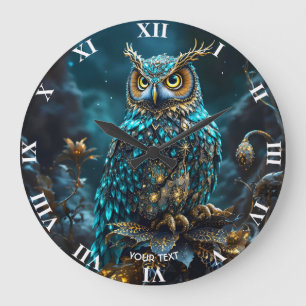 Grande Horloge Ronde Chouette Turquoise en laiton Imaginaire