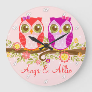 Grande Horloge Ronde Chouettes filles roses et violettes - cadenas mura