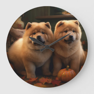 Grande Horloge Ronde Chow Chow Chiot Automne Citrouille de plaisir