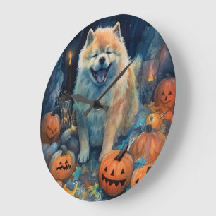Grande Horloge Ronde Chow Chow Halloween avec citrouilles effrayant 