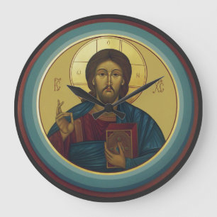 Grande Horloge Ronde Christ Pantocrator byzantin Mosaïque ronde Art