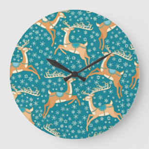 Grande Horloge Ronde Christmas Reindeer : Vintage Motif sans couture.