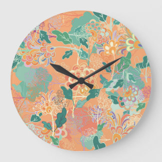 Grande Horloge Ronde Chrysanthème chinois : motif orange floral.